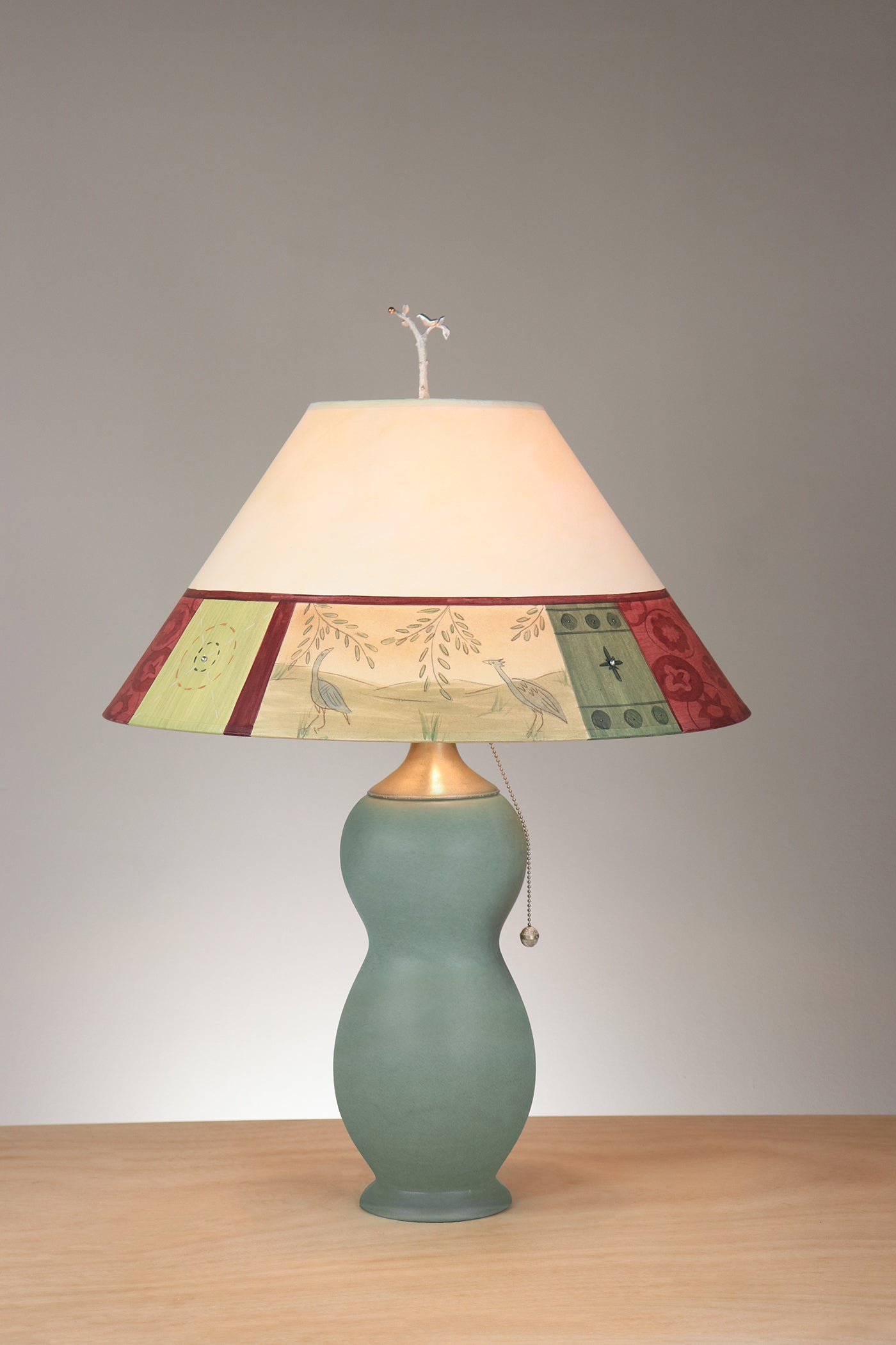 Janna Ugone & Co Table Lamps Ceramic & Pewter Table Lamp with Large Conical Shade in Prima Border in Ivory Crimson