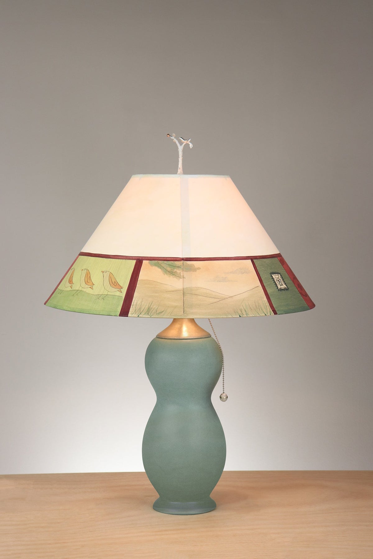 Janna Ugone &amp; Co Table Lamps Ceramic &amp; Pewter Table Lamp with Large Conical Shade in Prima Border in Ivory Crimson