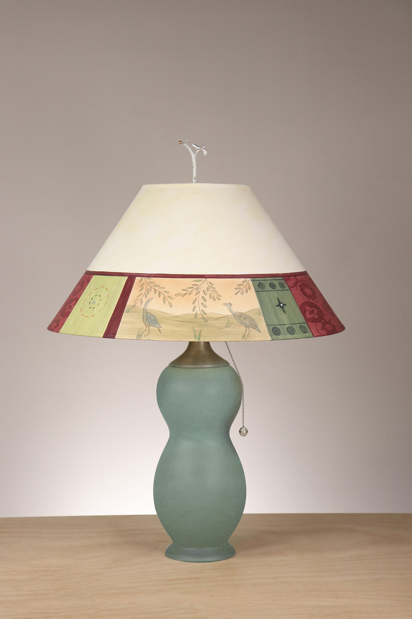 Janna Ugone & Co Table Lamps Ceramic & Pewter Table Lamp with Large Conical Shade in Prima Border in Ivory Crimson