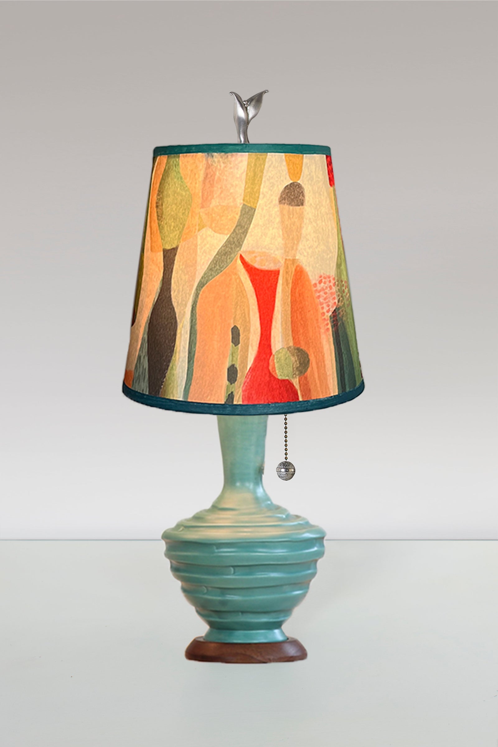 Janna Ugone & Co Table Lamp Ceramic Table Lamp in Aqua with Small Drum Shade in Riviera in Poppy