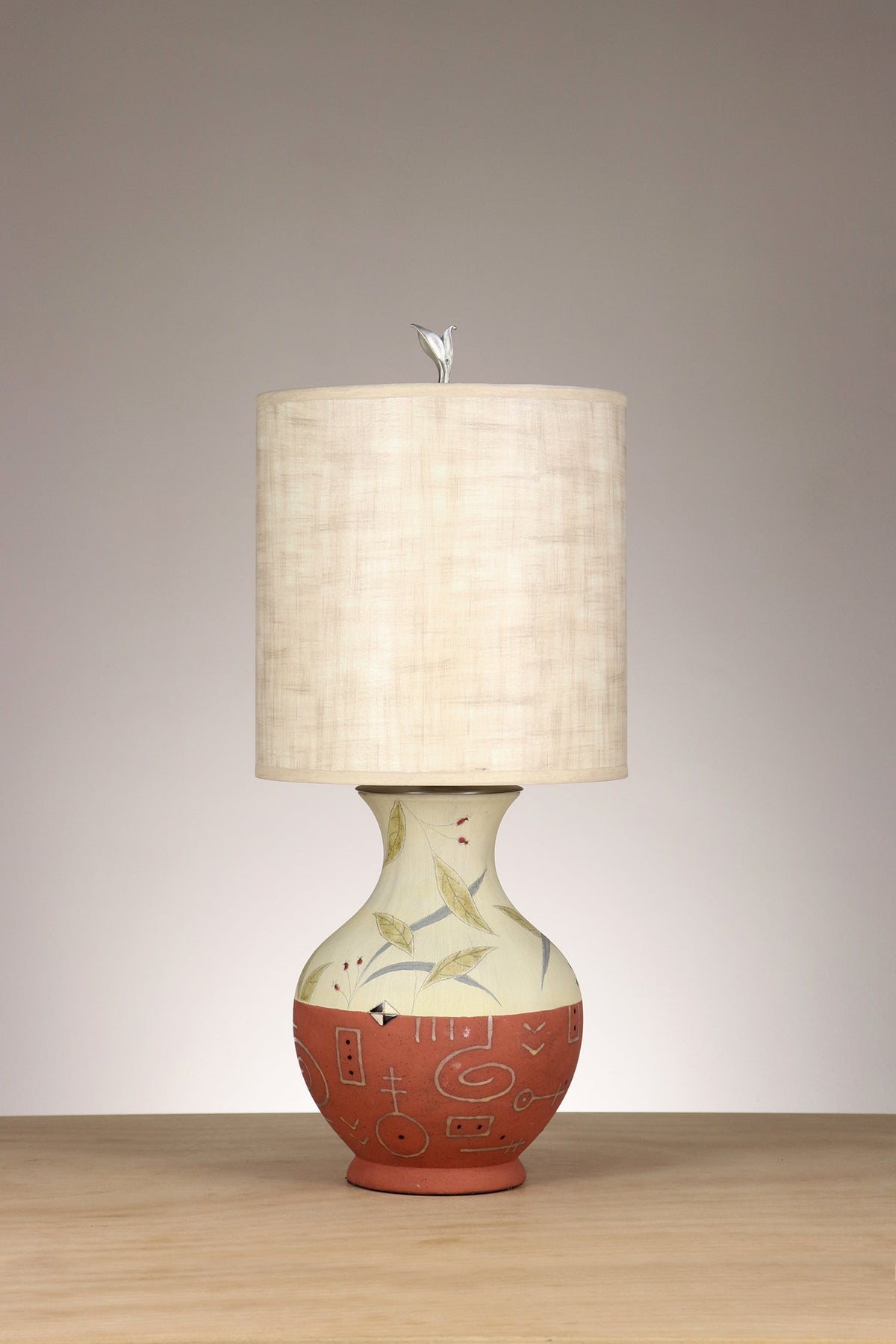 Janna Ugone &amp; Co Table Lamp Ceramic Table Lamp in June Street Border with Medium Drum Shade in Linen