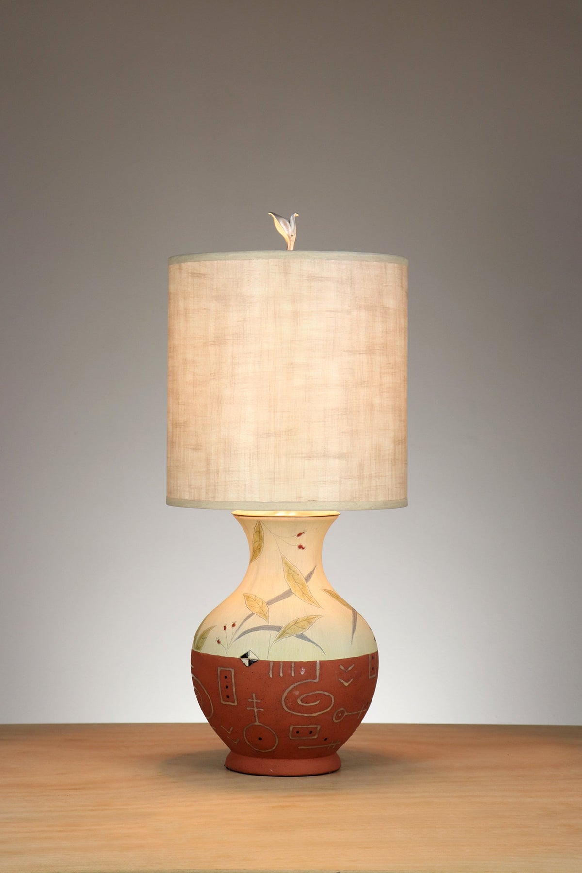 Janna Ugone &amp; Co Table Lamp Ceramic Table Lamp in June Street Border with Medium Drum Shade in Linen