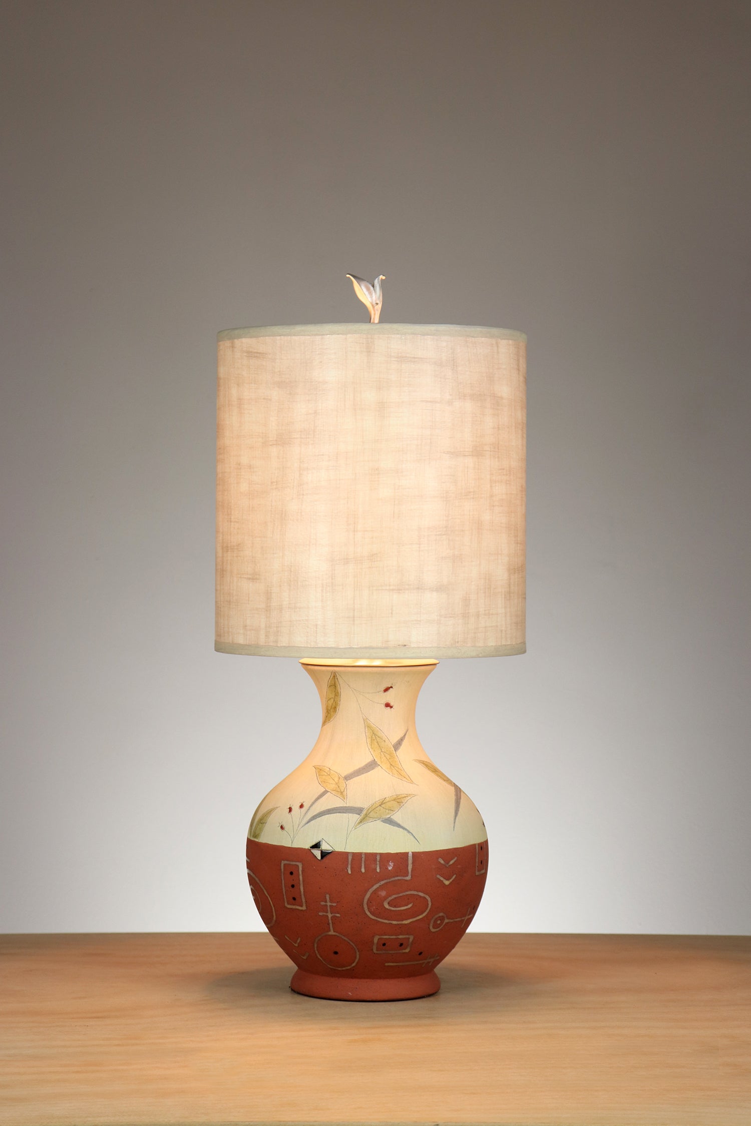 Janna Ugone & Co Table Lamp Ceramic Table Lamp in June Street Border with Medium Drum Shade in Linen