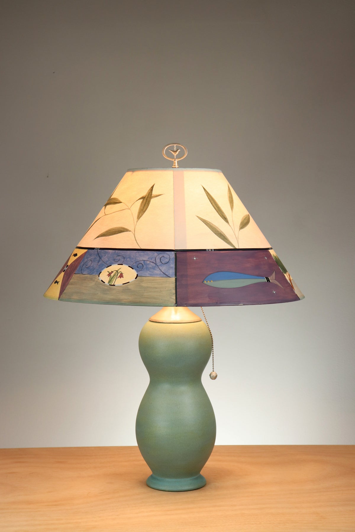 Janna Ugone &amp; Co Table Lamps Ceramic Table Lamp with Large Conical Shade in Twin Fish in Bisque