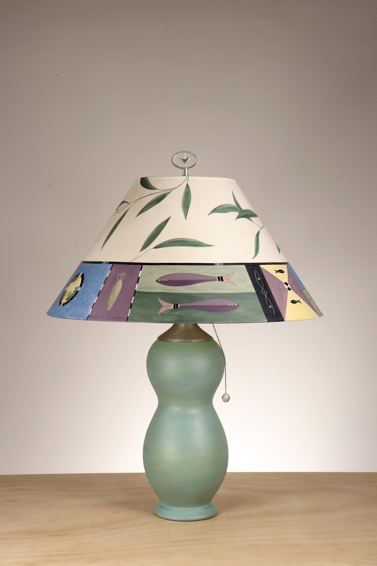 Janna Ugone &amp; Co Table Lamps Ceramic Table Lamp with Large Conical Shade in Twin Fish in Bisque