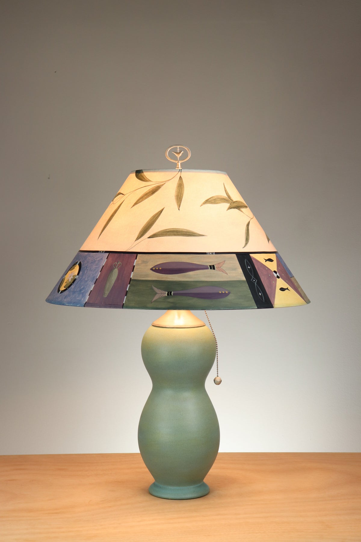 Janna Ugone &amp; Co Table Lamps Ceramic Table Lamp with Large Conical Shade in Twin Fish in Bisque