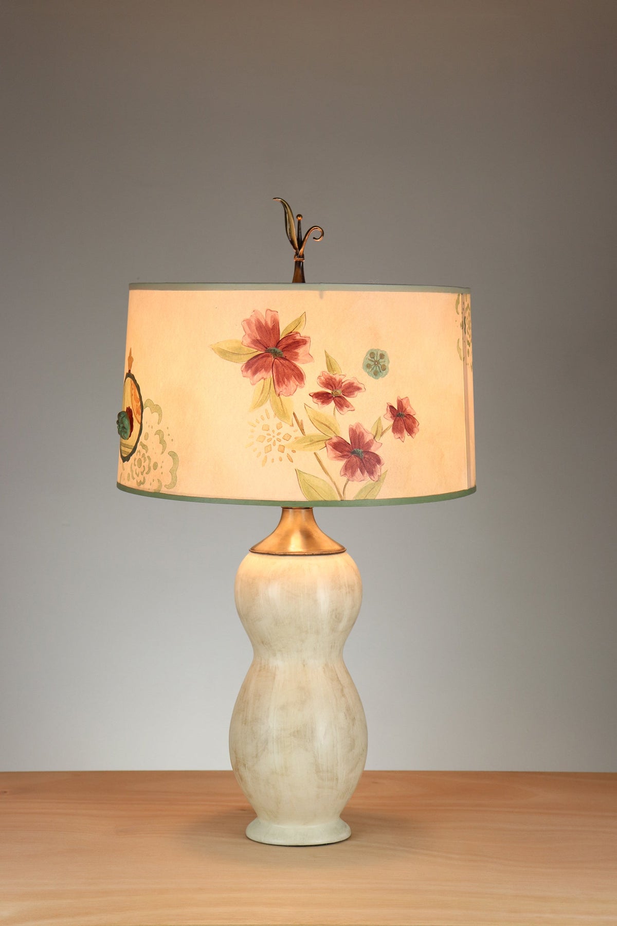 Janna Ugone &amp; Co Table Lamps Ceramic Table Lamp with Large Drum Shade in Summer Meadow in Bisque