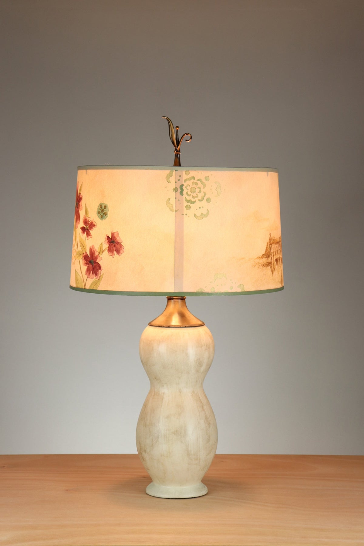 Janna Ugone &amp; Co Table Lamps Ceramic Table Lamp with Large Drum Shade in Summer Meadow in Bisque