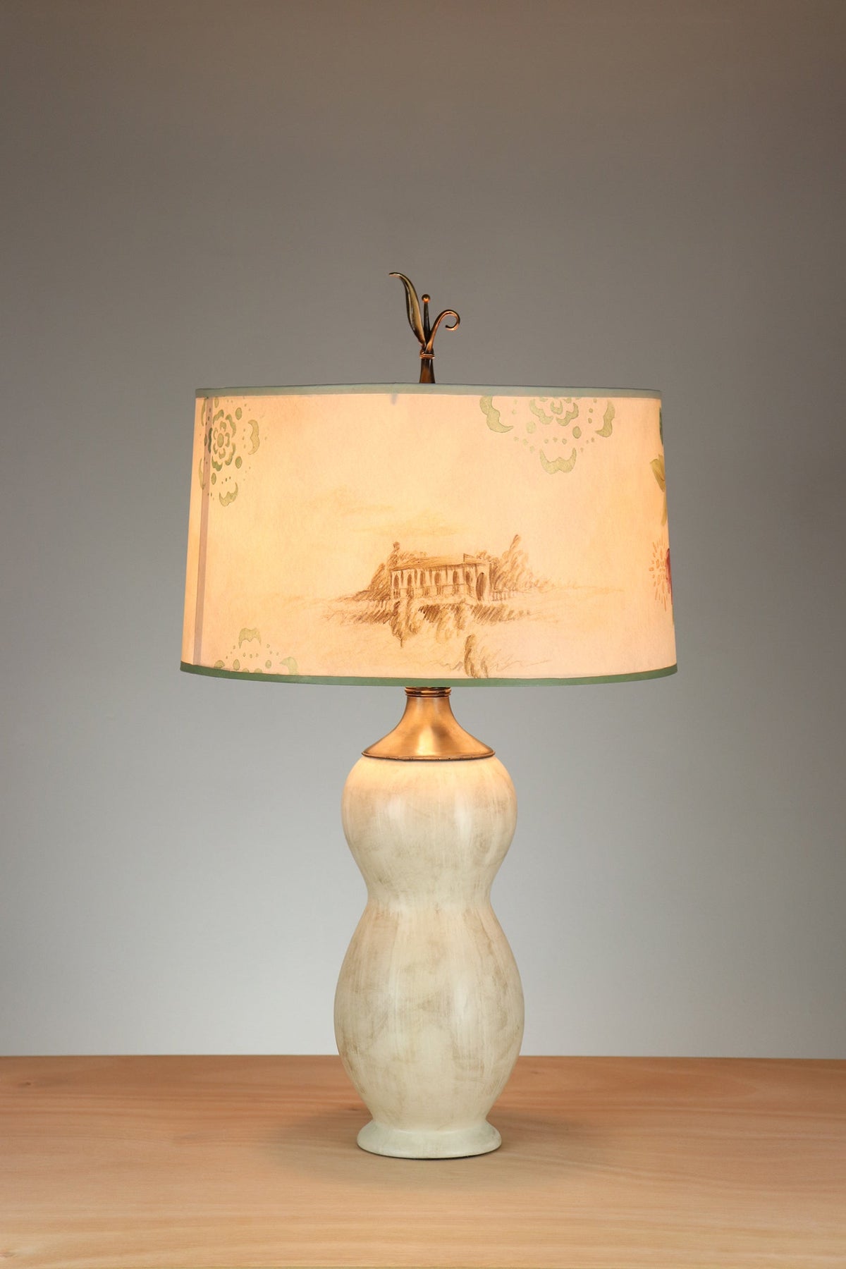 Janna Ugone &amp; Co Table Lamps Ceramic Table Lamp with Large Drum Shade in Summer Meadow in Bisque
