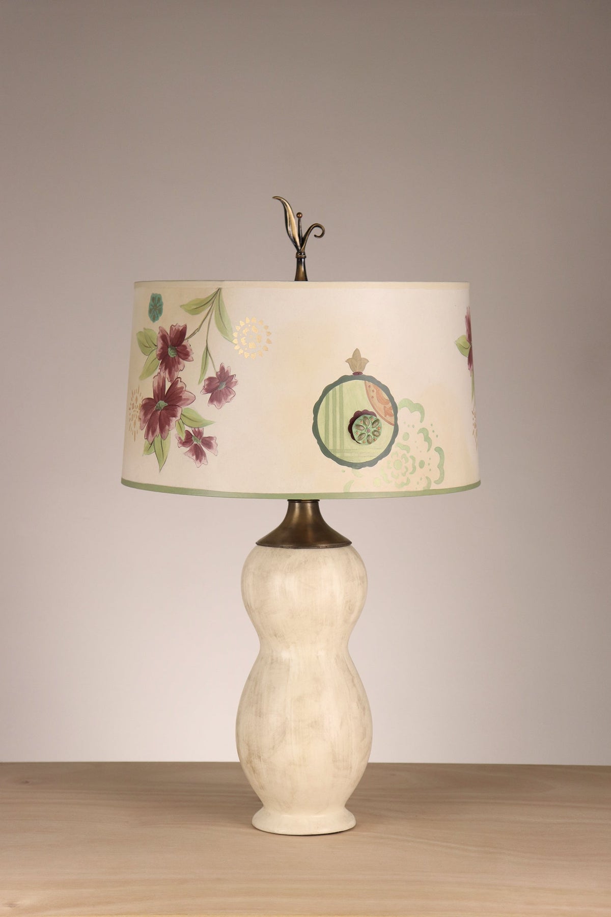 Janna Ugone &amp; Co Table Lamps Ceramic Table Lamp with Large Drum Shade in Summer Meadow in Bisque