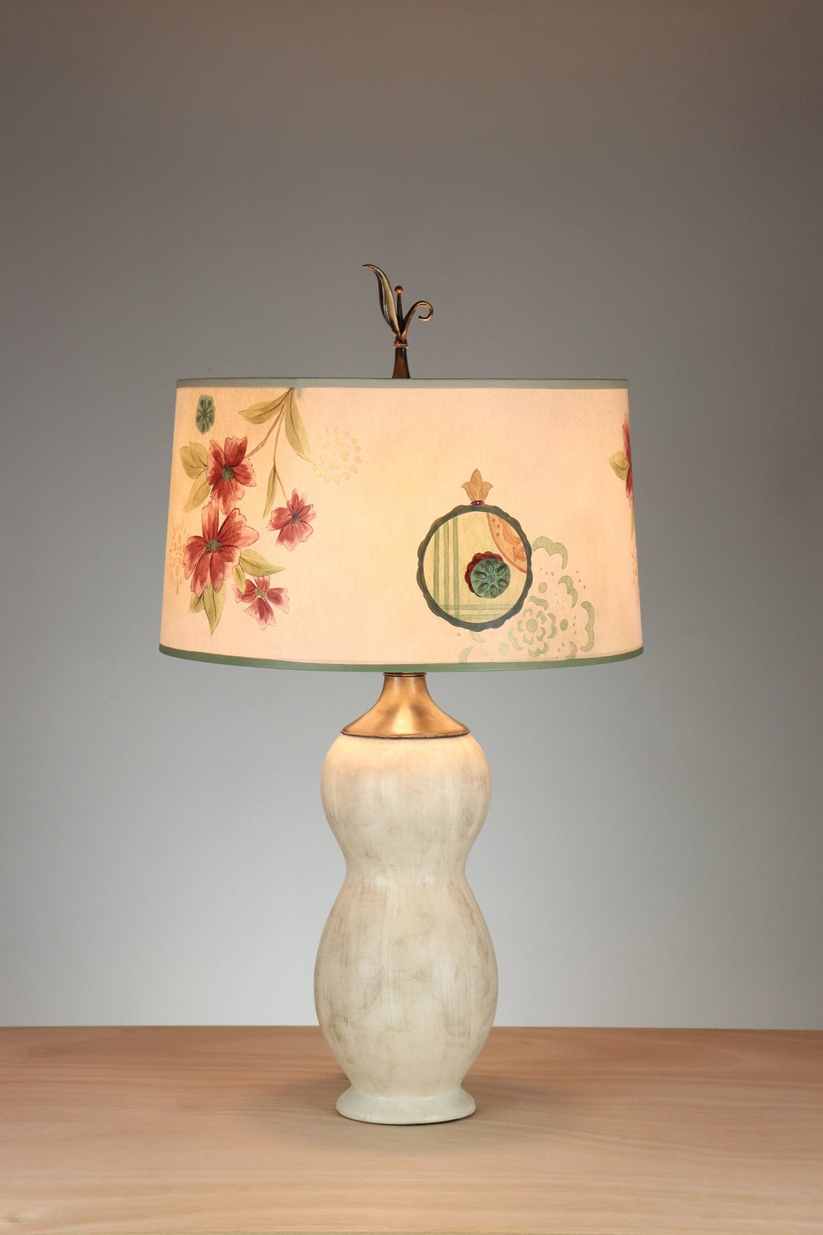 Janna Ugone &amp; Co Table Lamps Ceramic Table Lamp with Large Drum Shade in Summer Meadow in Bisque