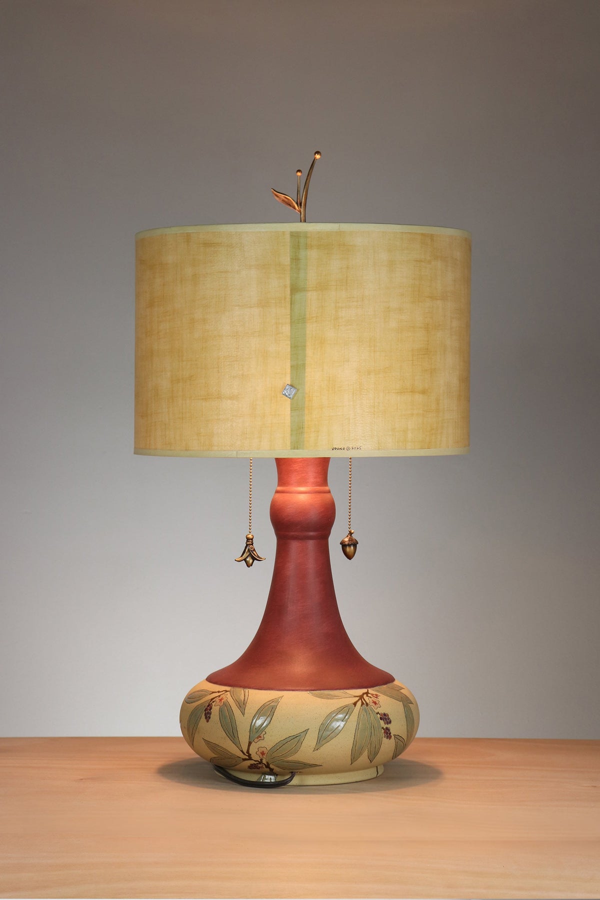 Janna Ugone &amp; Co Table Lamp Ceramic Woodland Border Table Lamp with Large Drum Shade in Straw Linen