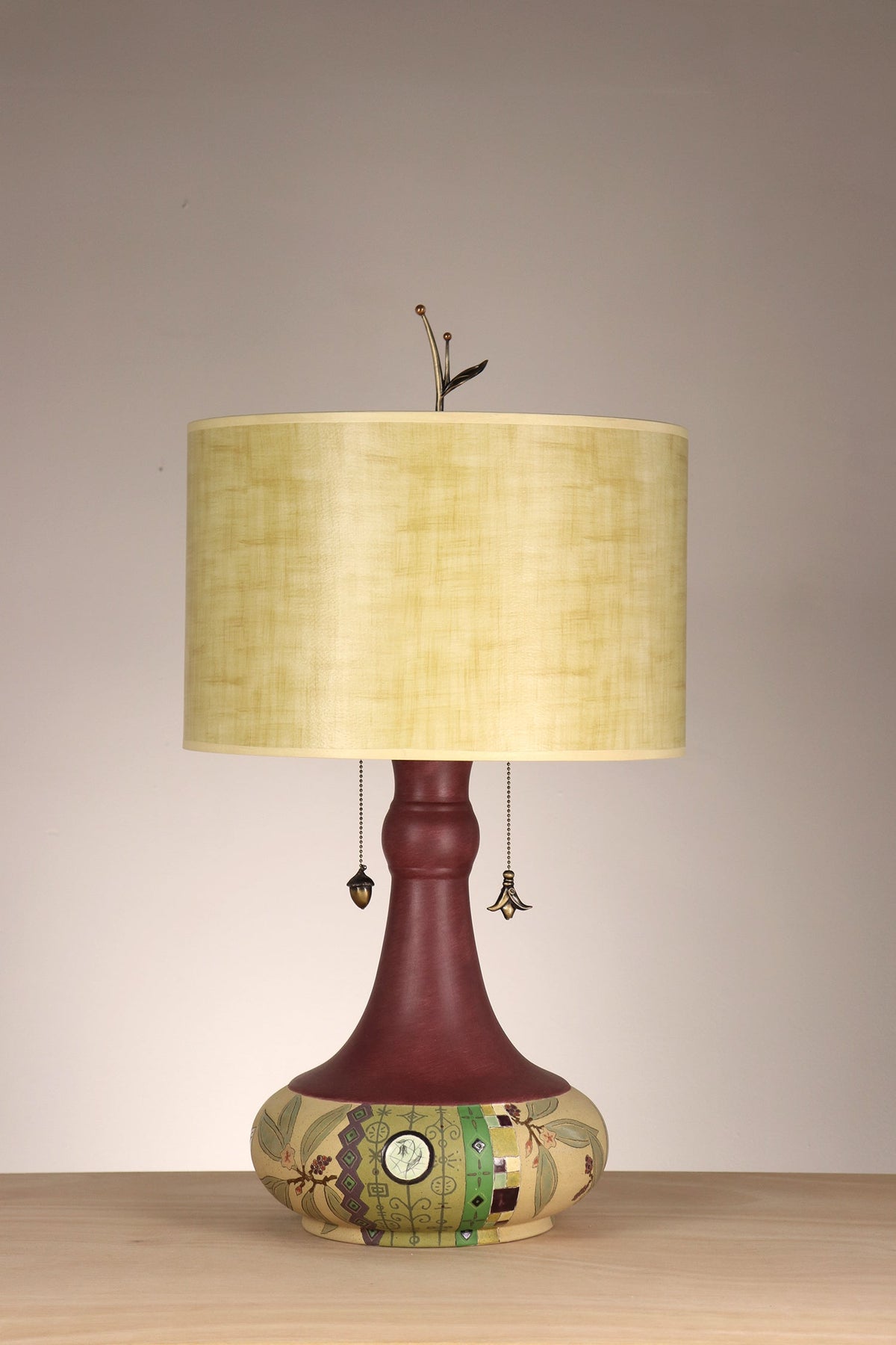 Janna Ugone &amp; Co Table Lamp Ceramic Woodland Border Table Lamp with Large Drum Shade in Straw Linen