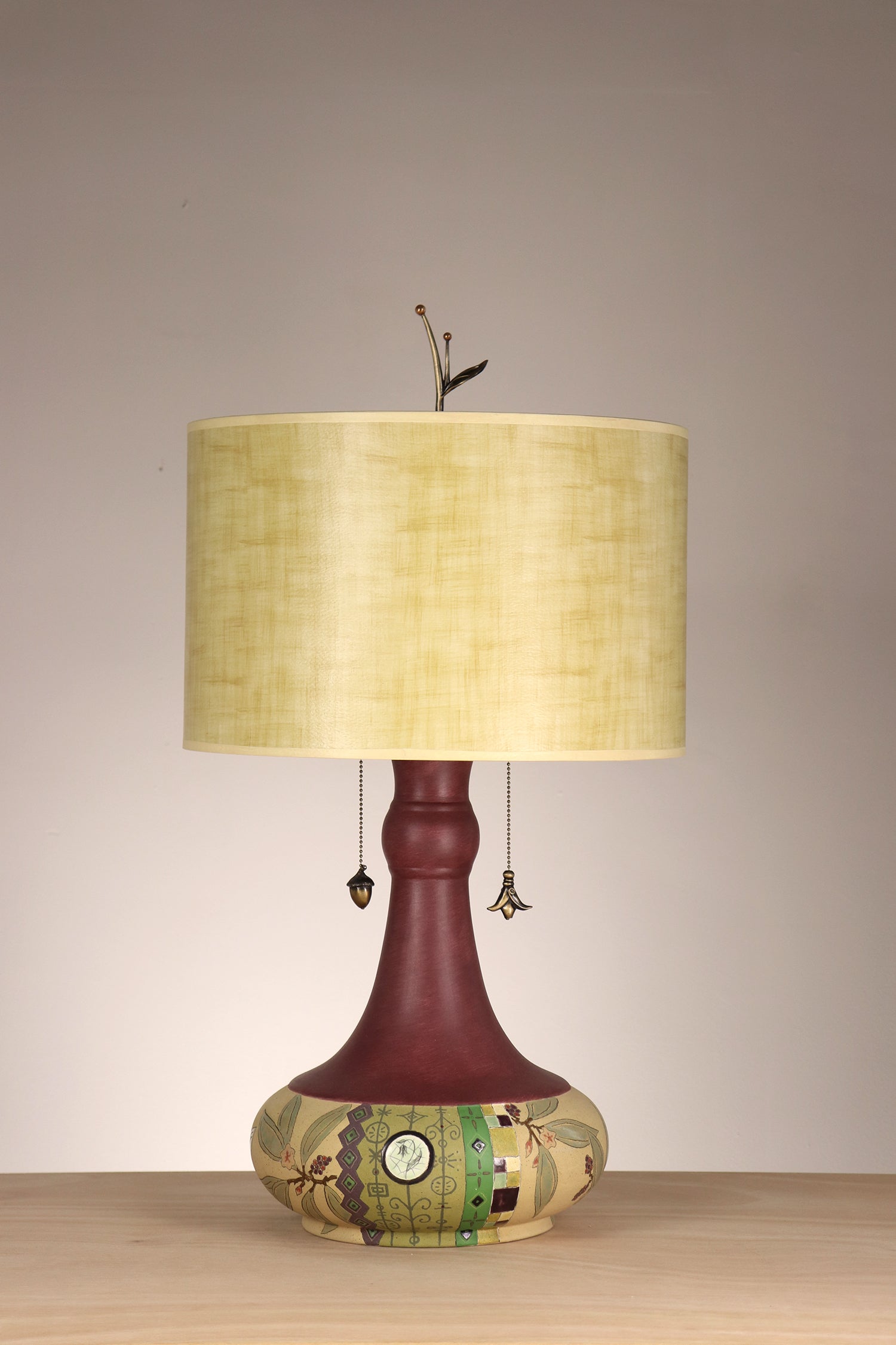 Janna Ugone & Co Table Lamp Ceramic Woodland Border Table Lamp with Large Drum Shade in Straw Linen