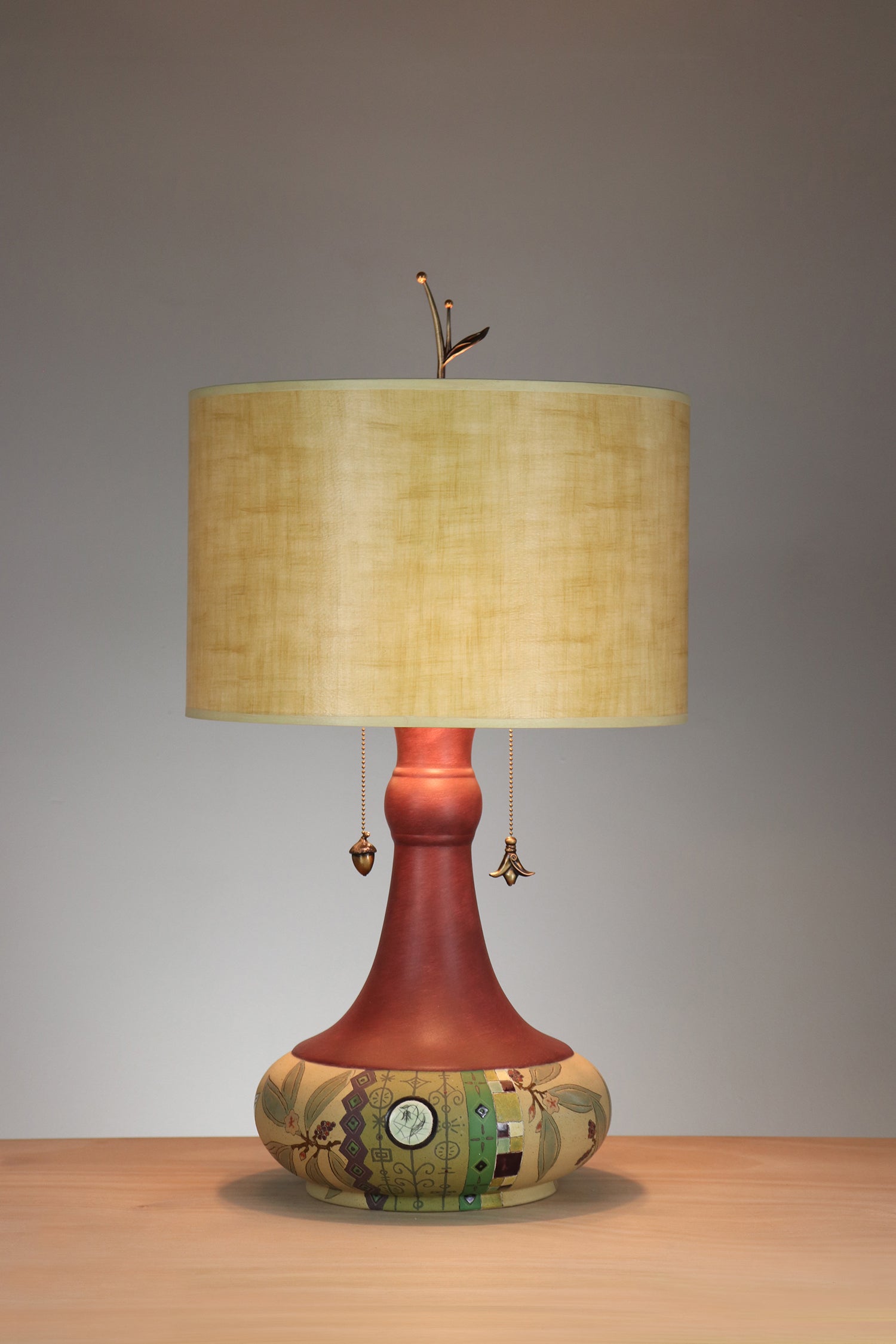 Janna Ugone & Co Table Lamp Ceramic Woodland Border Table Lamp with Large Drum Shade in Straw Linen