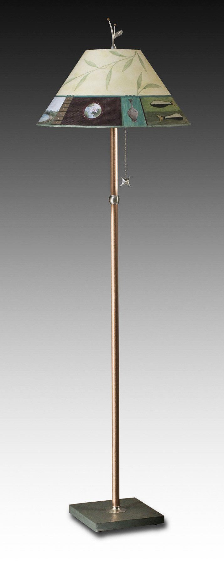 Copper Floor Lamp on Vermont Slate Base with Large Conical Shade in Twin Fish