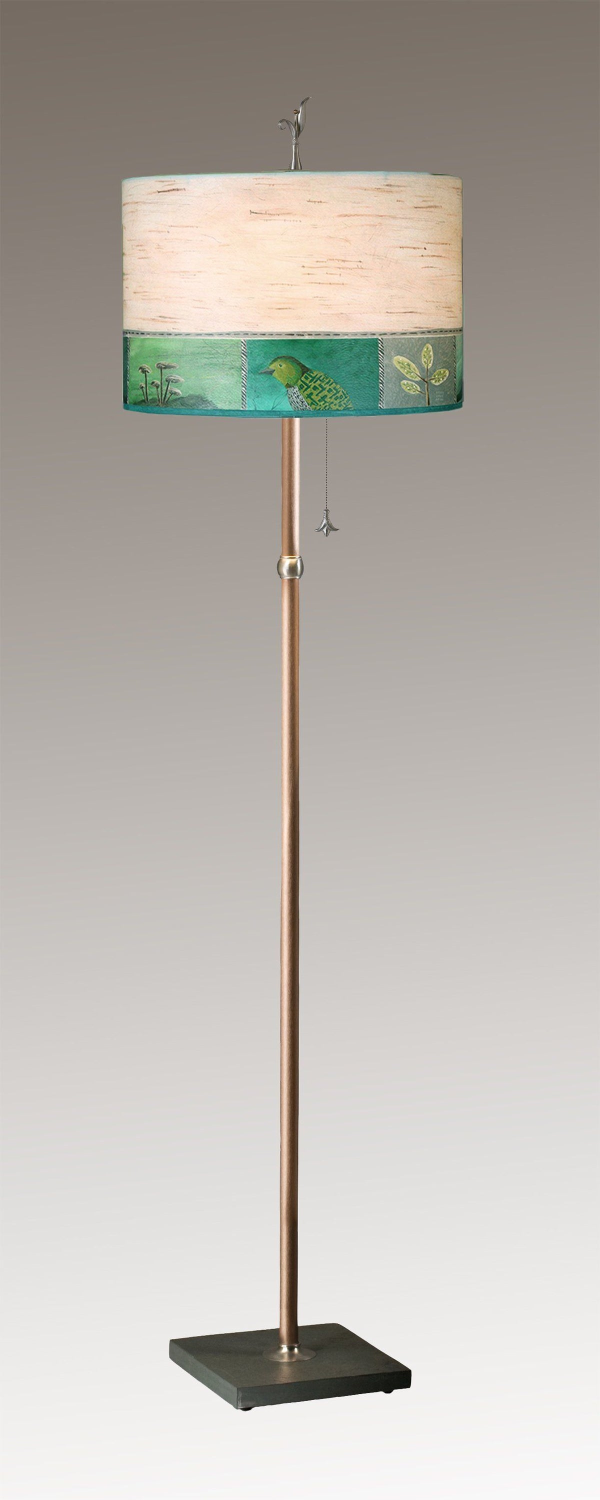 Copper Floor Lamp Large Drum Shade in Woodland Trails in Birch