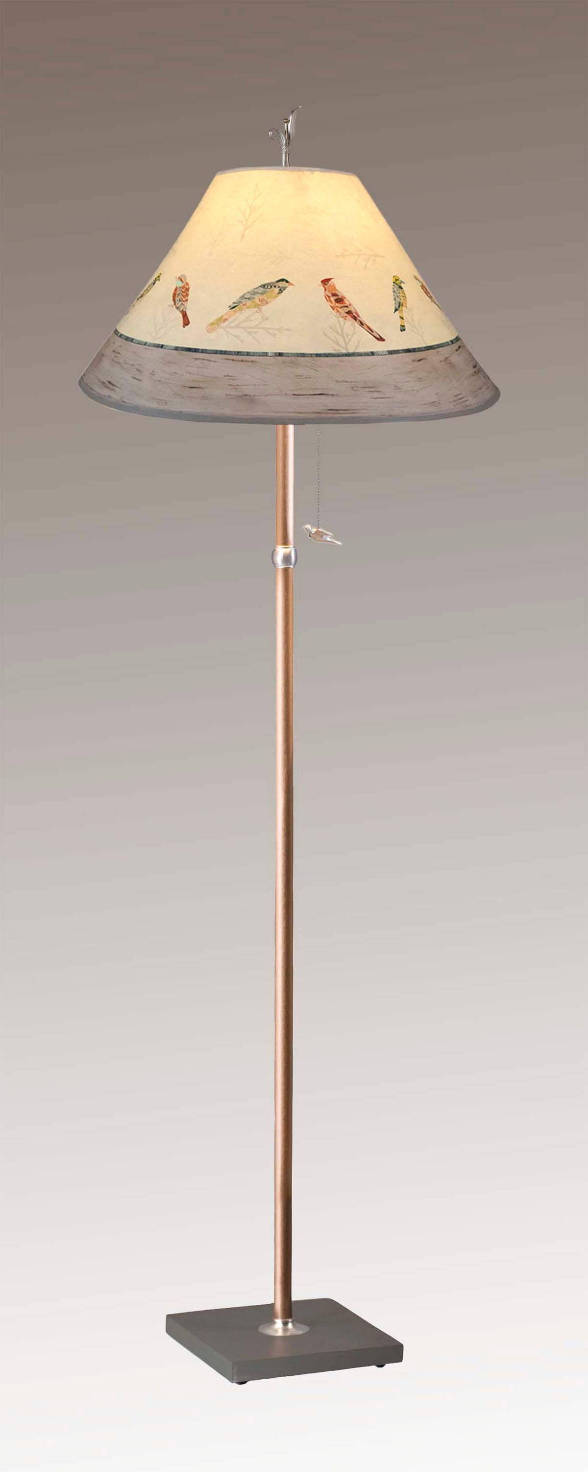 Copper Floor Lamp with Large Conical Shade in Bird Friends
