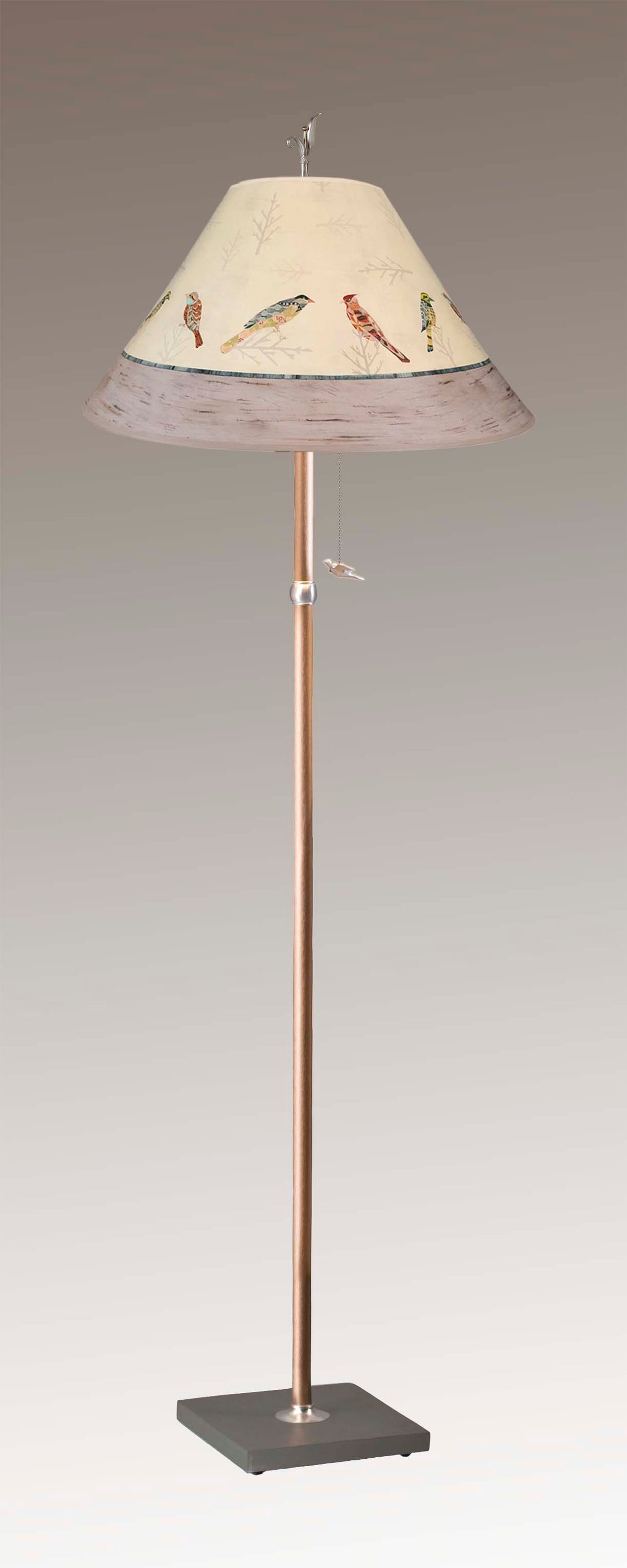 Copper Floor Lamp with Large Conical Shade in Bird Friends