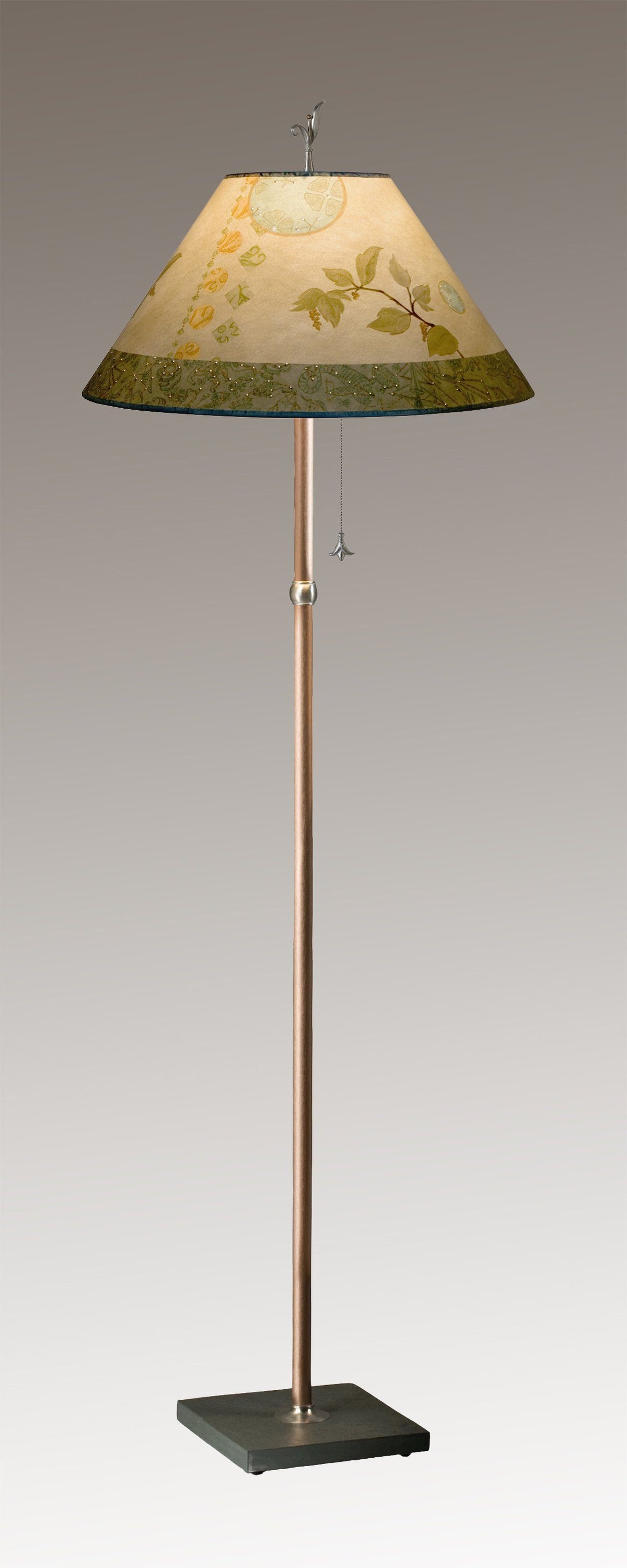 Copper Floor Lamp with Large Conical Shade in Celestial Leaf