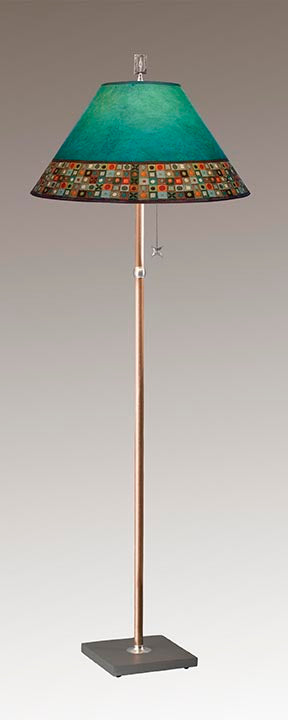 Copper Floor Lamp with Large Conical Shade in Jade Mosaic