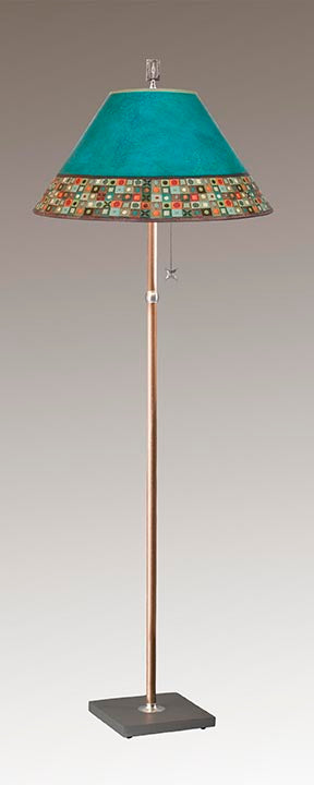 Copper Floor Lamp with Large Conical Shade in Jade Mosaic