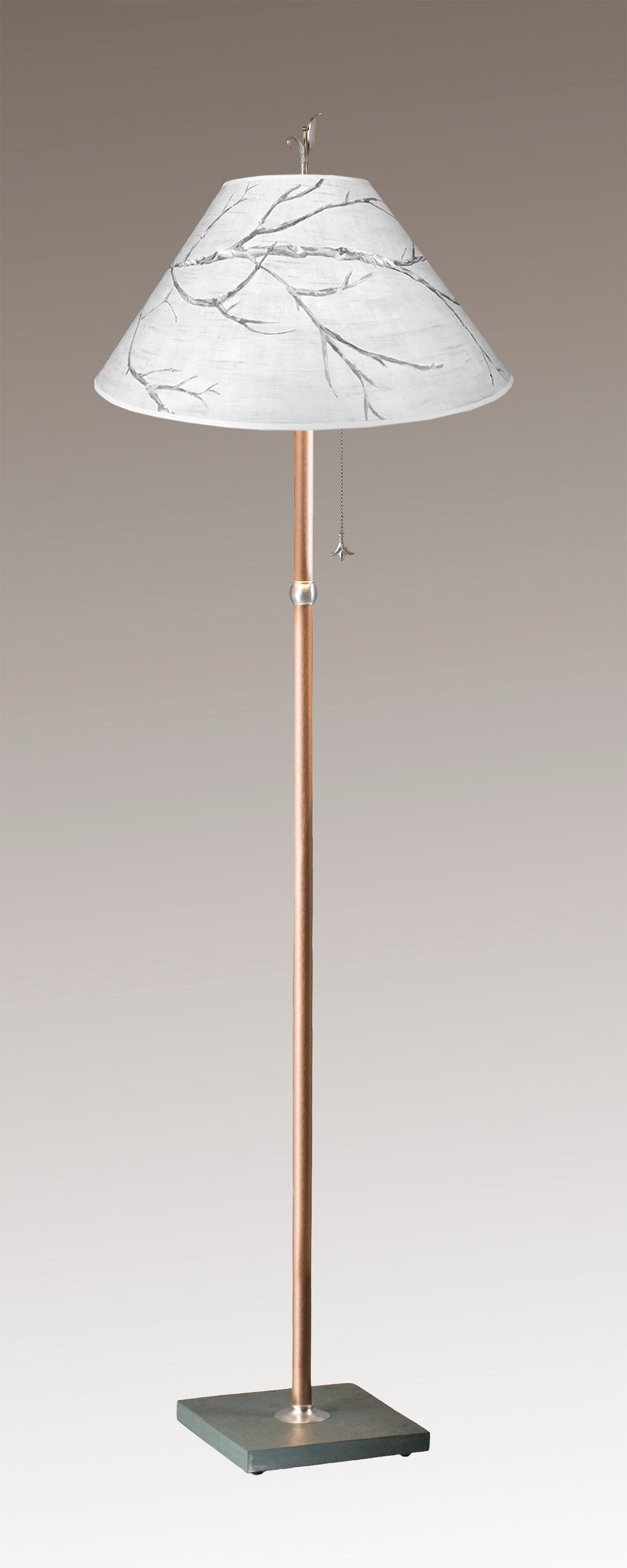 Copper Floor Lamp with Large Conical Shade in Sweeping Branch
