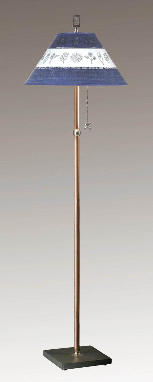 Janna Ugone & Co Floor Lamps Copper Floor Lamp with Large Conical Shade in Woven Sprig & Sapphire