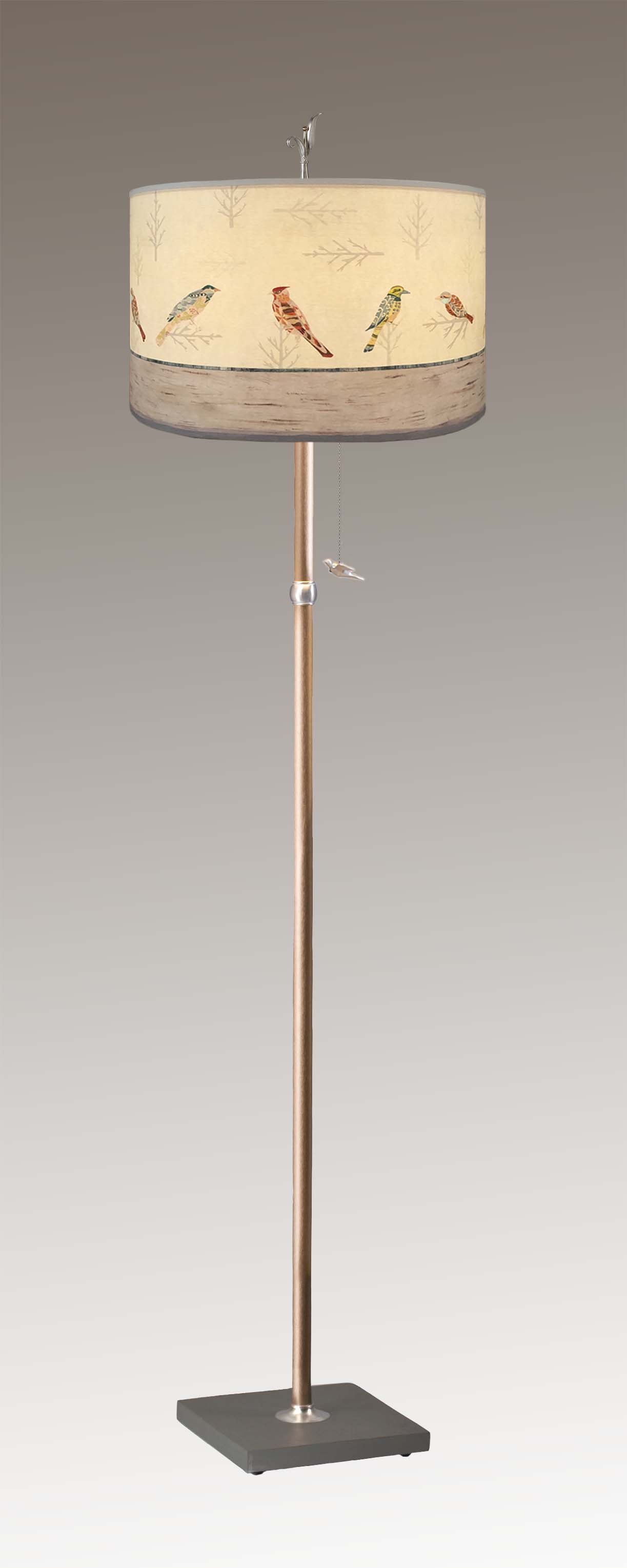 Janna Ugone & Co Floor Lamps Copper Floor Lamp with Large Drum Lampshade in Bird Friends