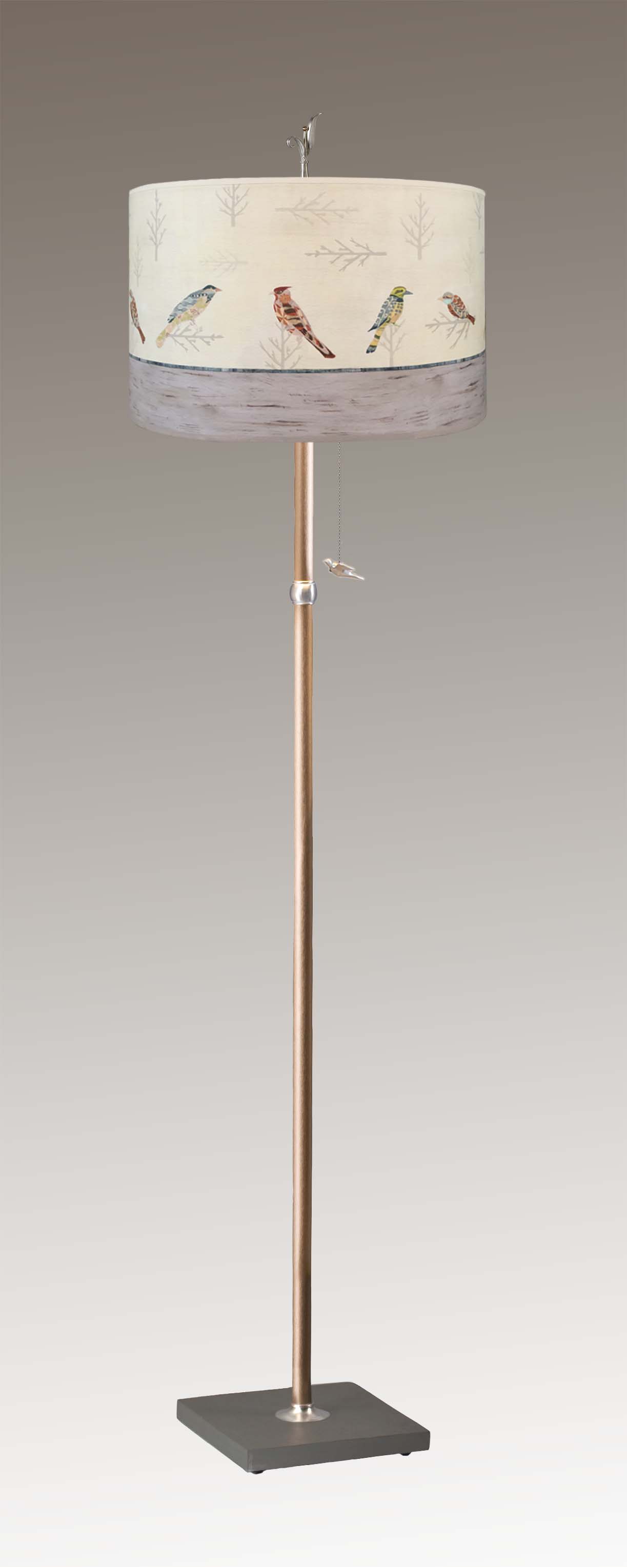 Janna Ugone & Co Floor Lamps Copper Floor Lamp with Large Drum Lampshade in Bird Friends