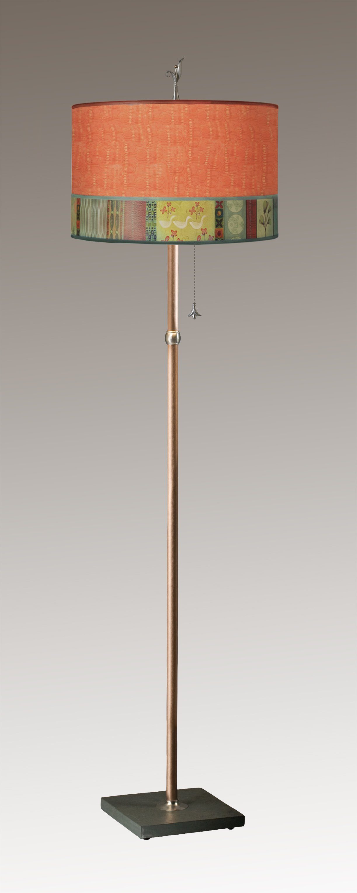 Janna Ugone & Co Floor Lamps Copper Floor Lamp with Large Drum Lampshade in Melody in Coral