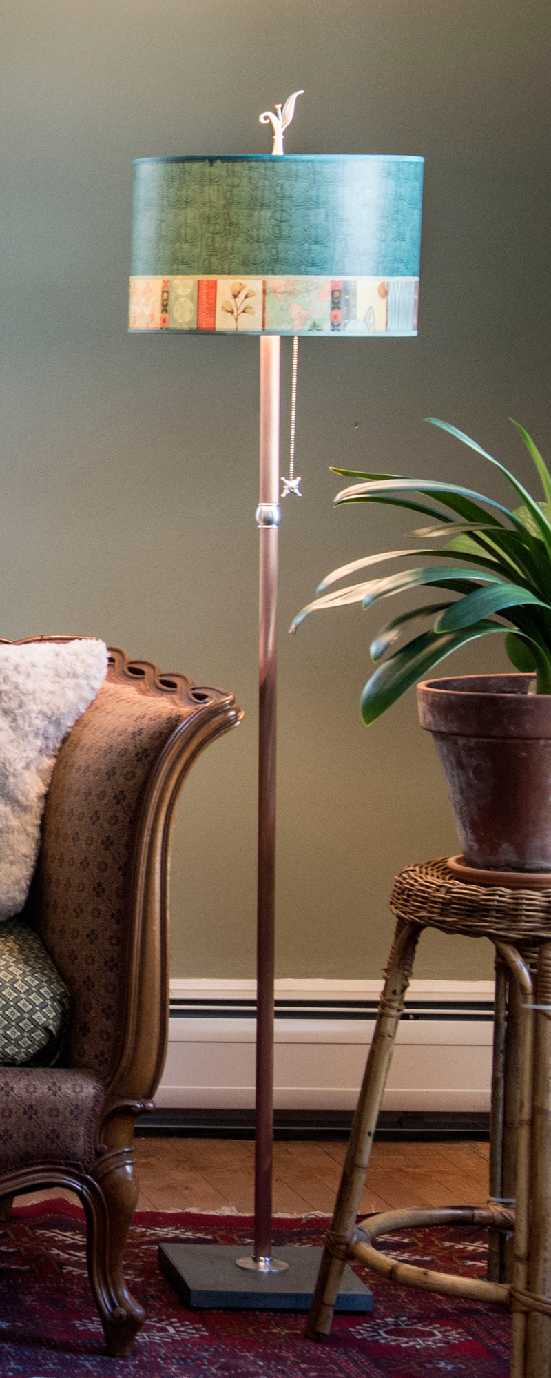 Janna Ugone & Co Floor Lamps Copper Floor Lamp with Large Drum Lampshade in Melody in Jade