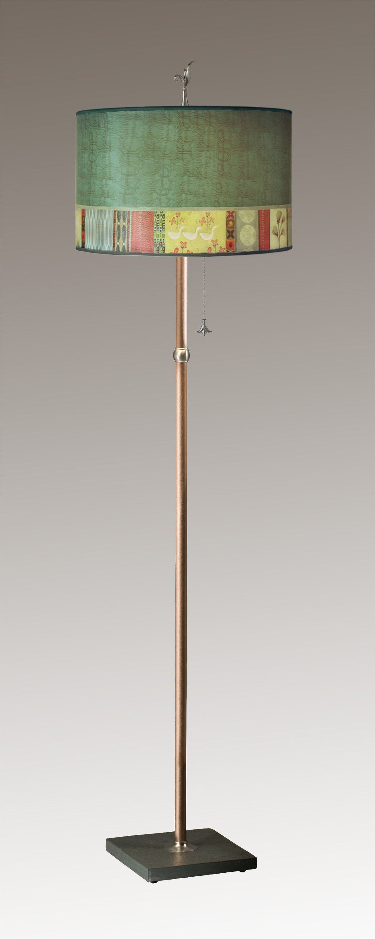 Copper Floor Lamp with Large Drum Lampshade in Melody in Jade
