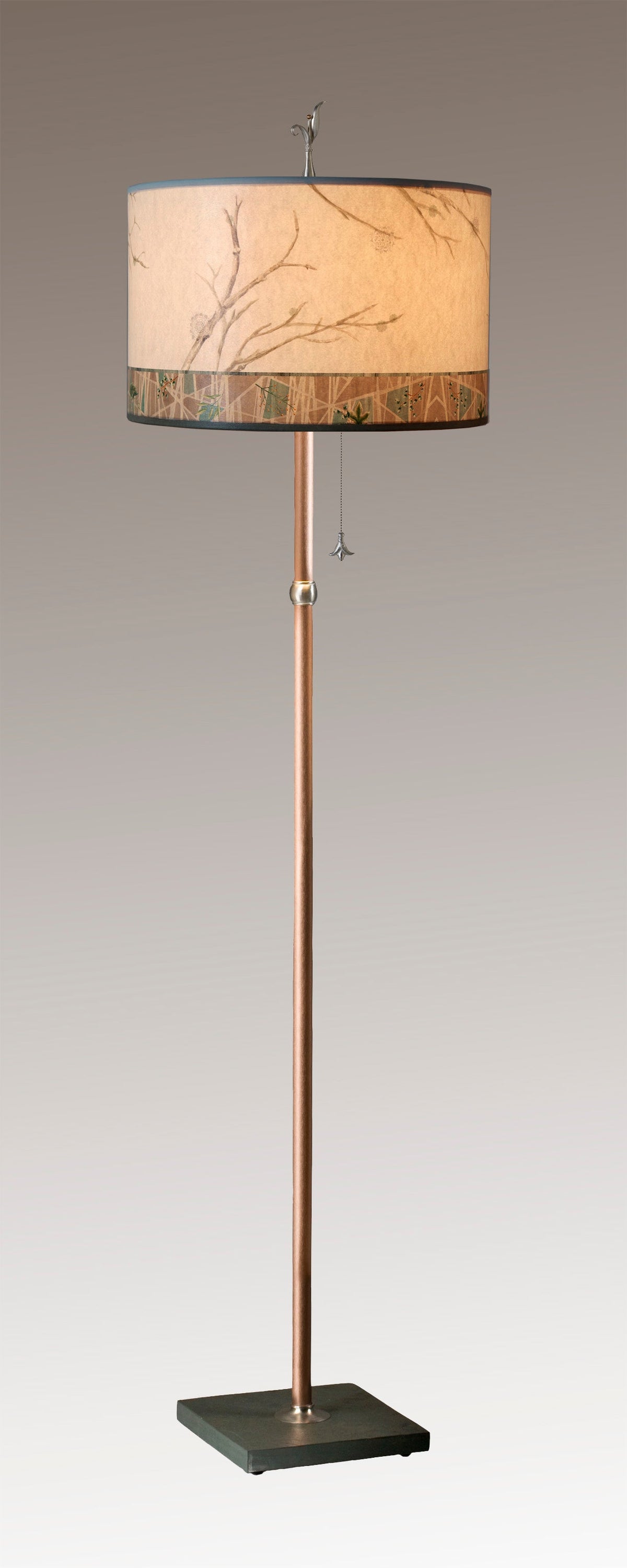 Copper Floor Lamp with Large Drum Lampshade in Prism Branch