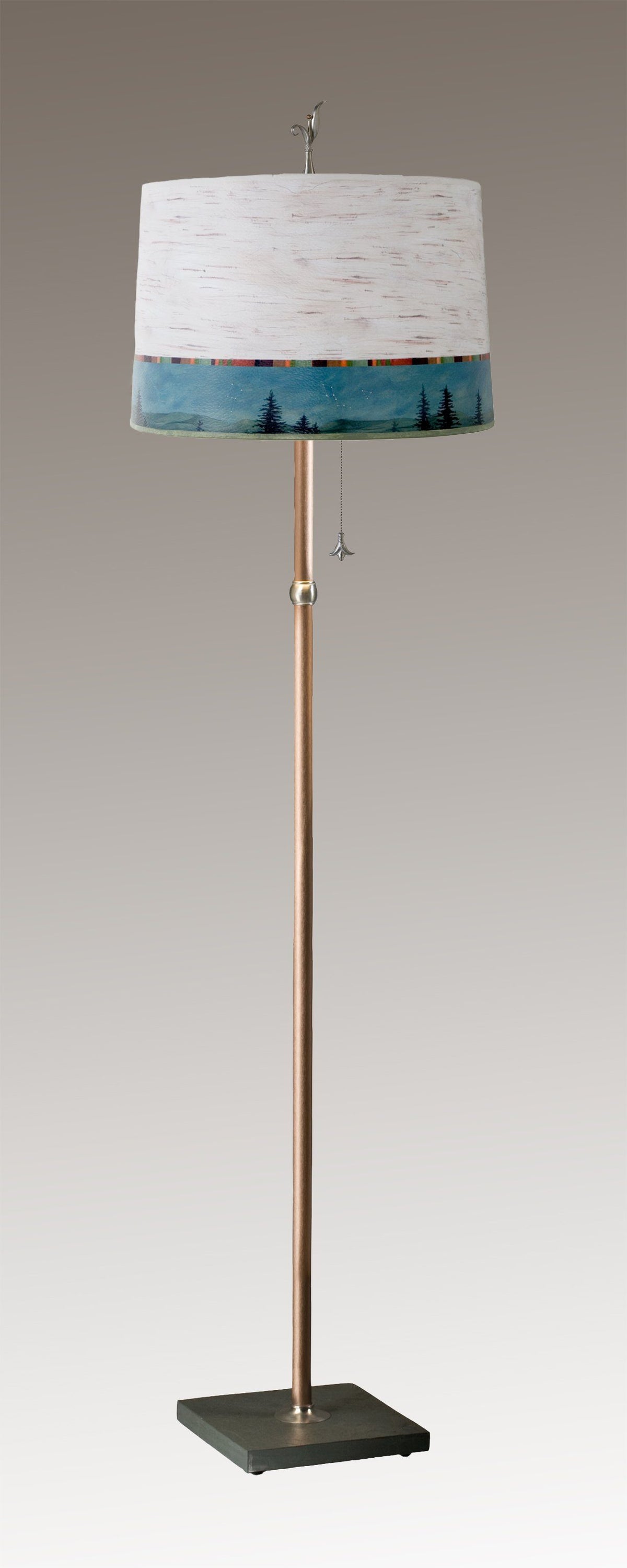 Copper Floor Lamp with Large Drum Shade in Birch Midnight