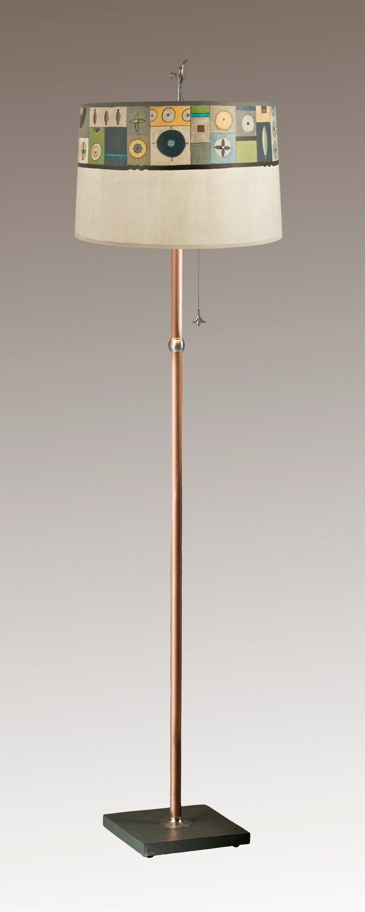 Copper Floor Lamp with Large Drum Shade in Lucky Mosaic Oyster