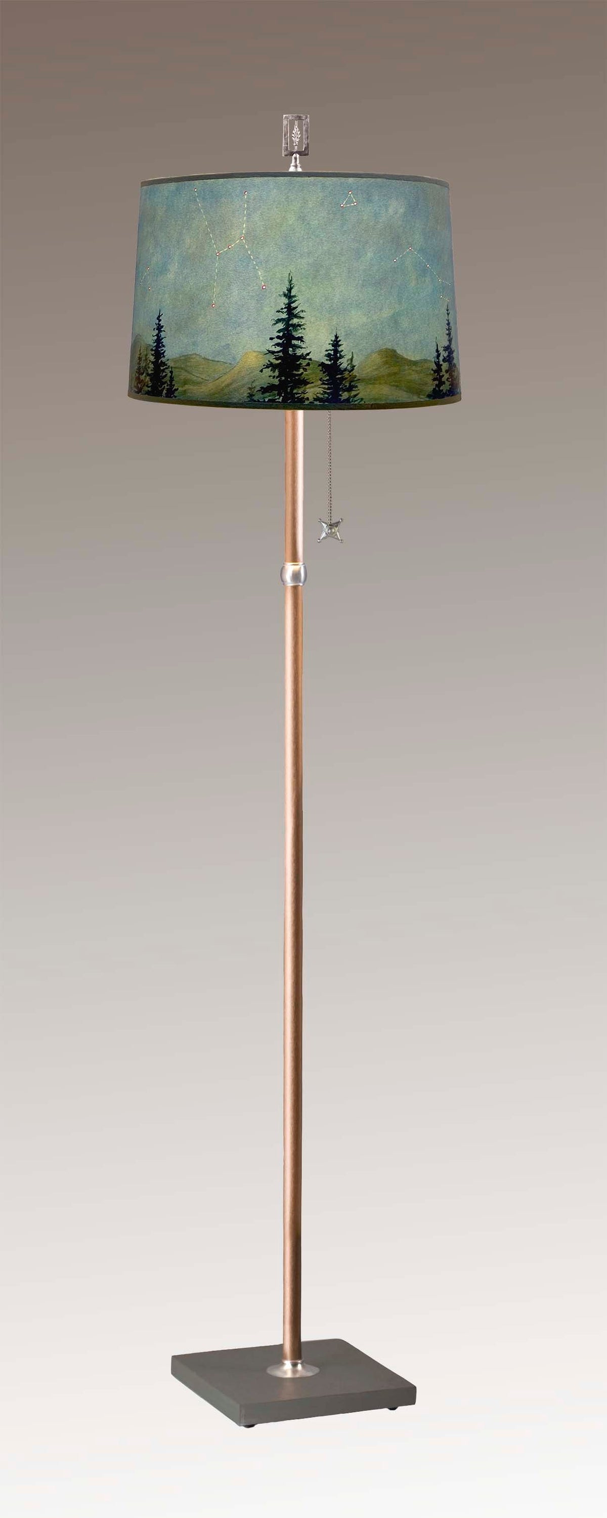 Copper Floor Lamp with Large Drum Shade in Midnight Sky