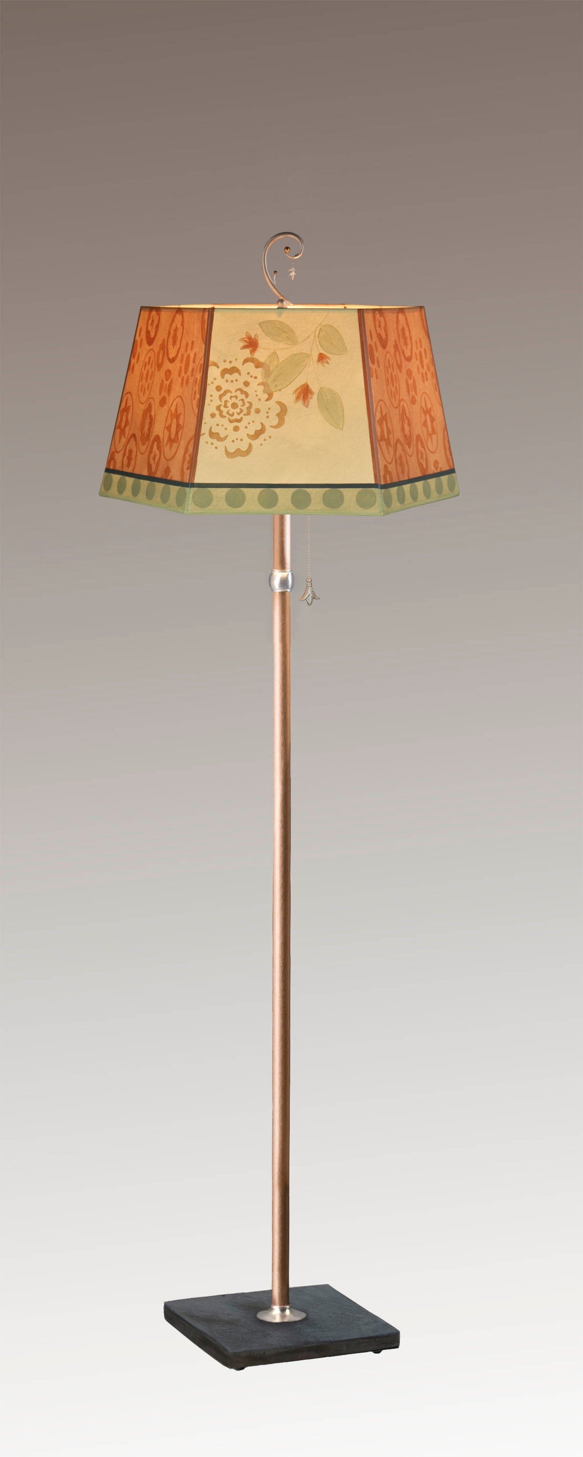 Janna Ugone &amp; Co Floor Lamps Copper Floor Lamp with Large Hexagonal Shade in Circle Medley in Spice