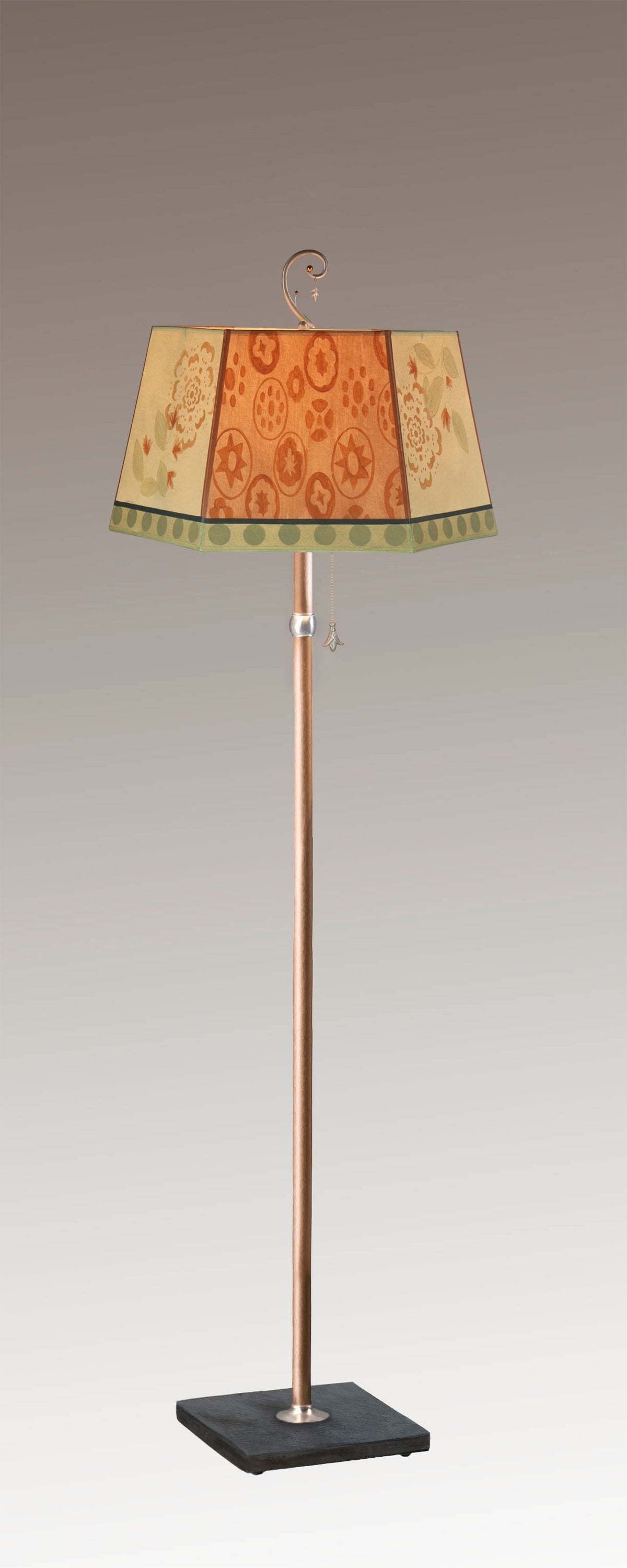 Janna Ugone &amp; Co Floor Lamps Copper Floor Lamp with Large Hexagonal Shade in Circle Medley in Spice