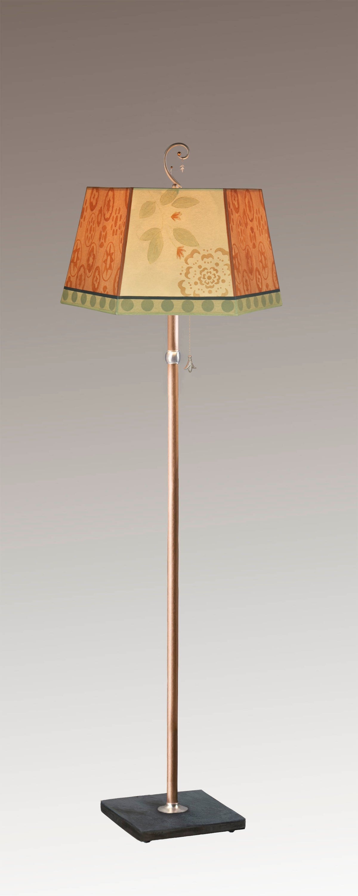 Janna Ugone &amp; Co Floor Lamps Copper Floor Lamp with Large Hexagonal Shade in Circle Medley in Spice