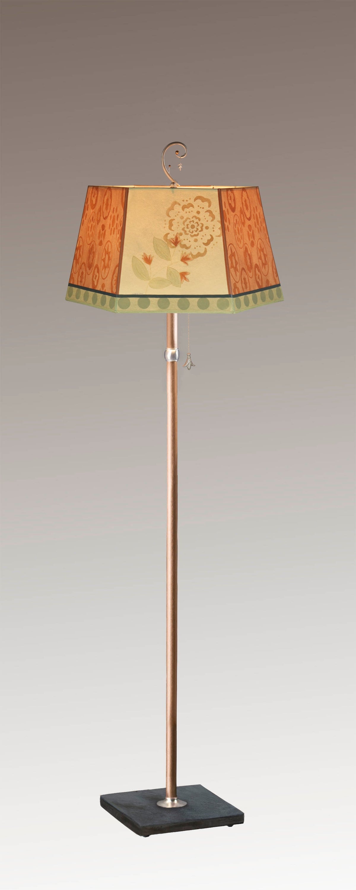 Janna Ugone &amp; Co Floor Lamps Copper Floor Lamp with Large Hexagonal Shade in Circle Medley in Spice