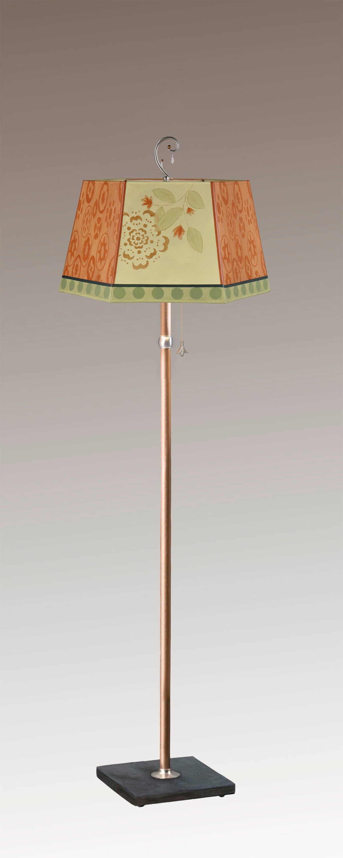 Janna Ugone &amp; Co Floor Lamps Copper Floor Lamp with Large Hexagonal Shade in Circle Medley in Spice