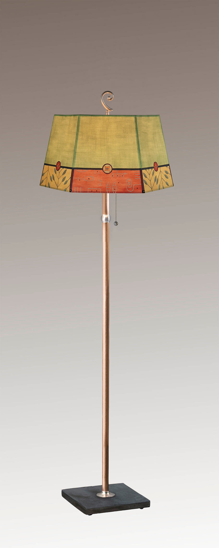 Janna Ugone &amp; Co Floor Lamps Copper Floor Lamp with Large Hexagonal Shade in Geometric Leaf in Apple