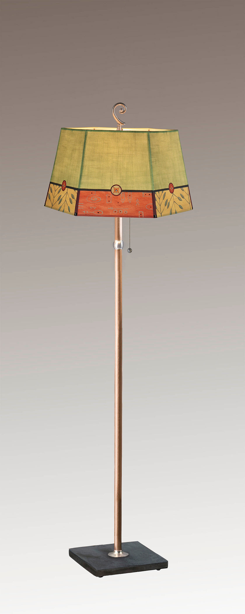 Janna Ugone &amp; Co Floor Lamps Copper Floor Lamp with Large Hexagonal Shade in Geometric Leaf in Apple