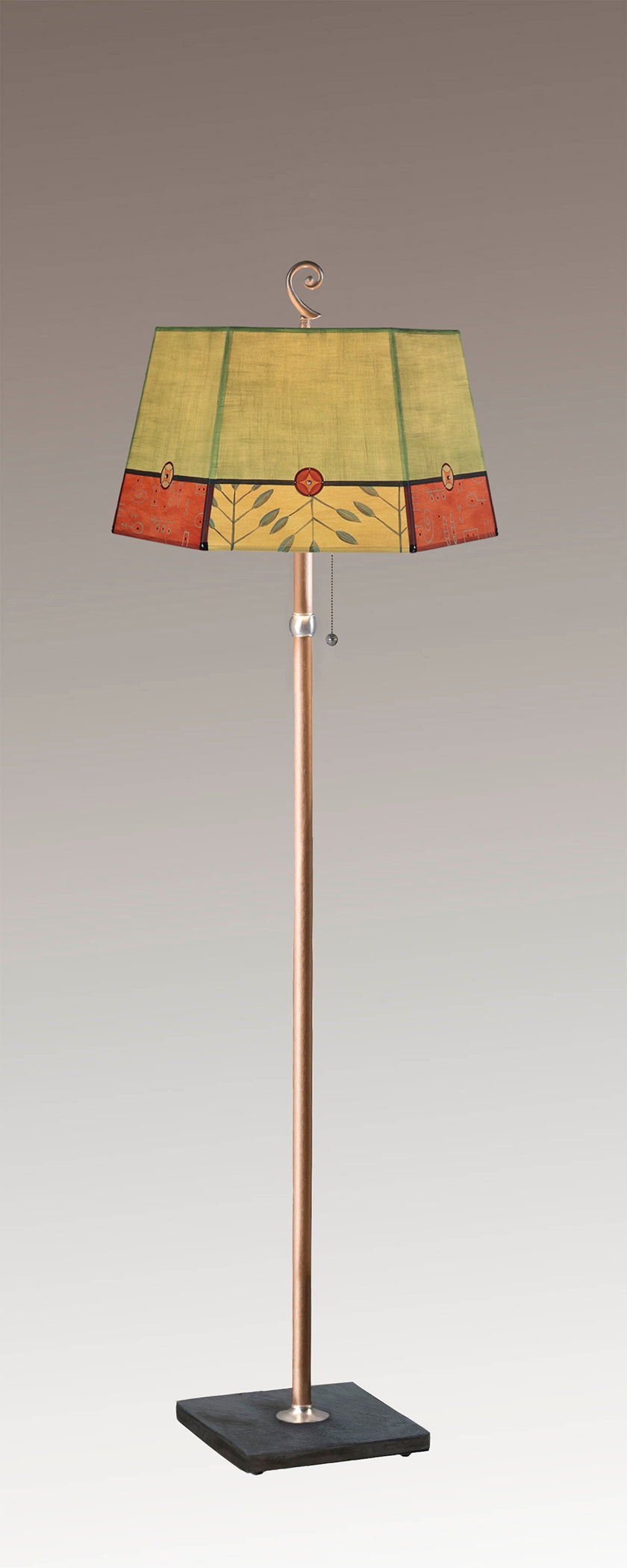 Janna Ugone & Co Floor Lamps Copper Floor Lamp with Large Hexagonal Shade in Geometric Leaf in Apple