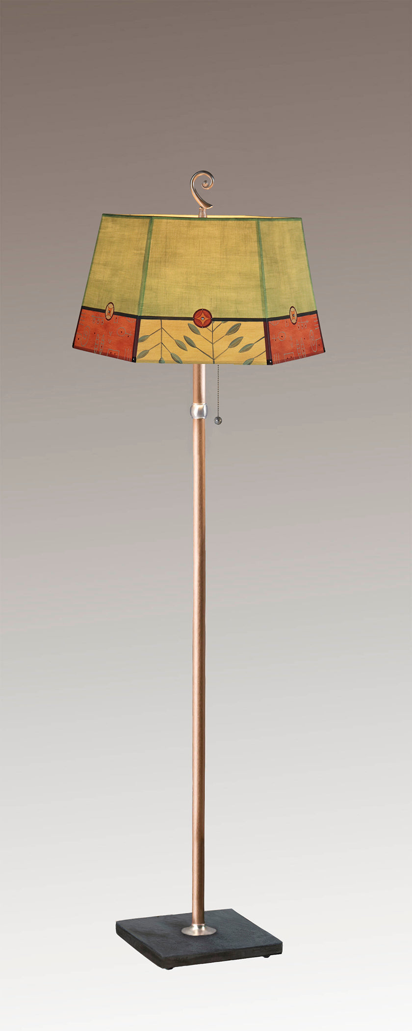 Janna Ugone &amp; Co Floor Lamps Copper Floor Lamp with Large Hexagonal Shade in Geometric Leaf in Apple