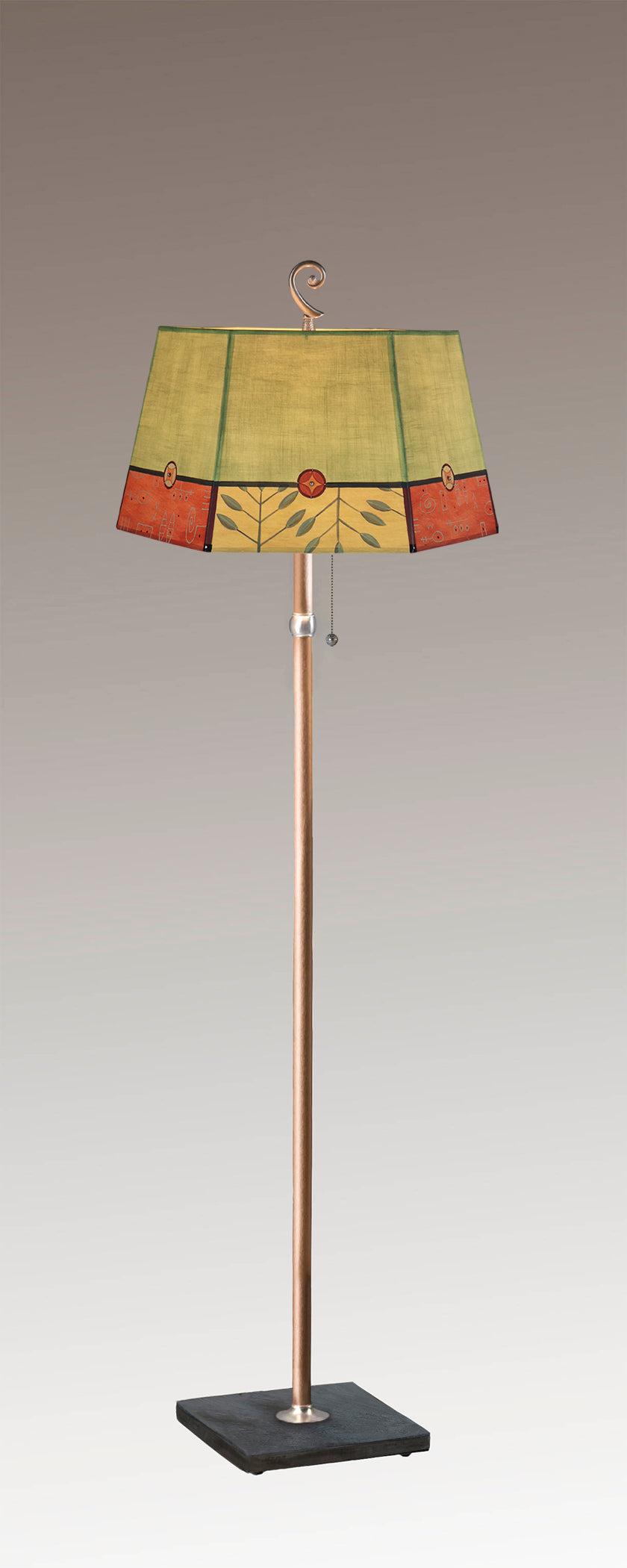 Janna Ugone &amp; Co Floor Lamps Copper Floor Lamp with Large Hexagonal Shade in Geometric Leaf in Apple