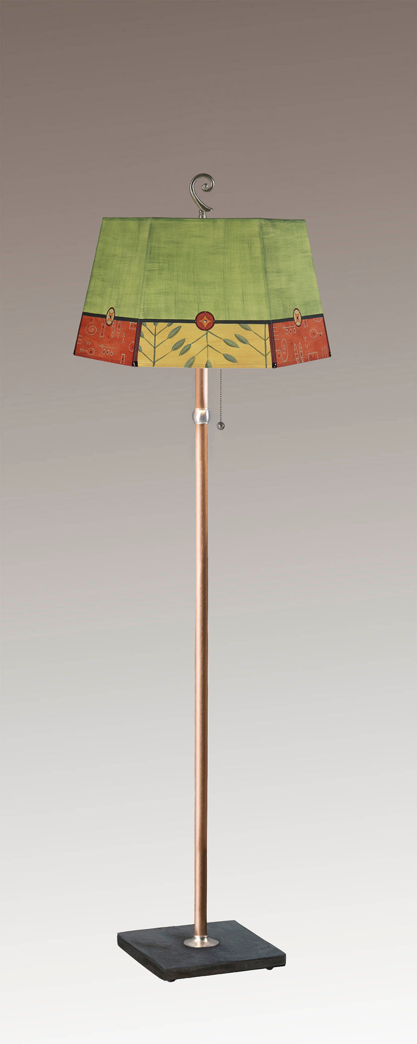 Janna Ugone &amp; Co Floor Lamps Copper Floor Lamp with Large Hexagonal Shade in Geometric Leaf in Apple