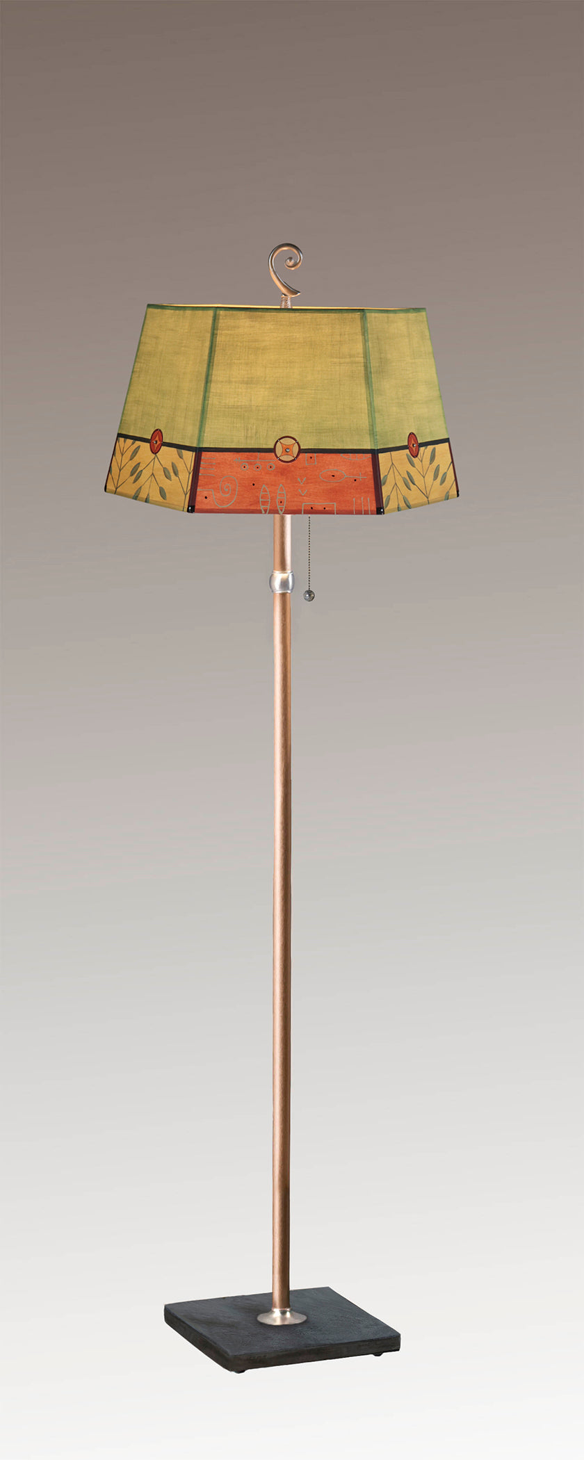 Janna Ugone &amp; Co Floor Lamps Copper Floor Lamp with Large Hexagonal Shade in Geometric Leaf in Apple