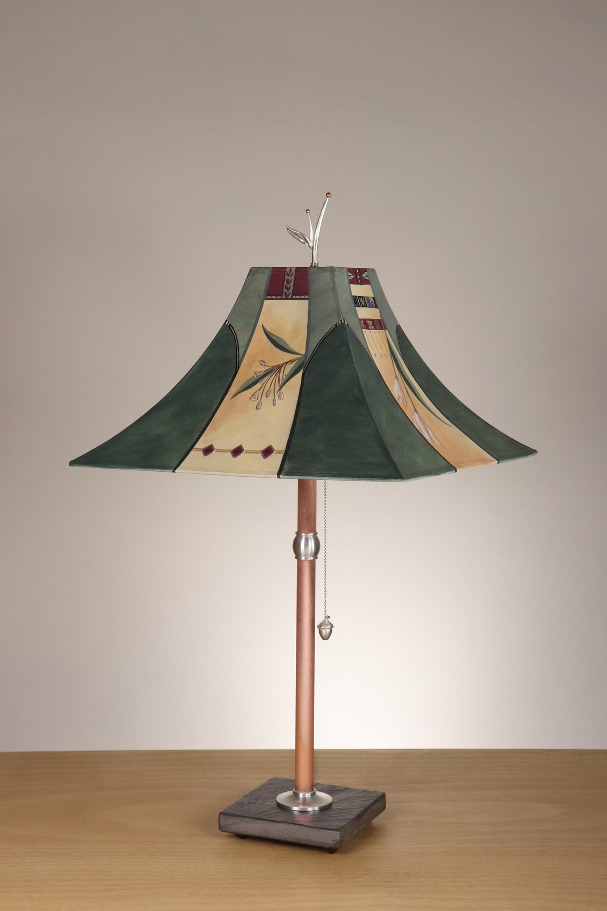 Janna Ugone &amp; Co Table Lamp Copper Table Lamp on Wood with Large Pagoda Shade in Perennial Spruce